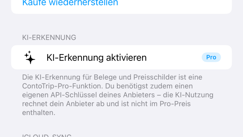 Einstellungen mit Heimatwährung, ContoTrip Pro, KI-Belegerkennung und iCloud-Sync